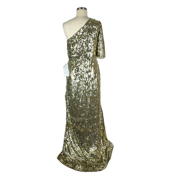MAC DUGGAL 93540 One Shoulder Flutter Sleeve Gold Sequin Gown Women's Size 10 - Picture 4 of 9
